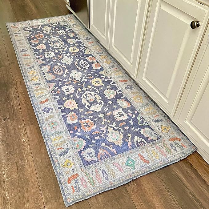 Fame Rugs Navy Blue Modern Oushak Rug 2'6"x7', Washable Vintage Turkish Colorful Oriental Antique Inspired Foldable Small Runner Rugs, Luxury Living Room Bedroom (388NB, 2'6" x 7')