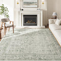 Sage Green Area Rug 8x10 Living Room Washable Carpet Vintage Distressed Non Slip Bedroom Carpet Neutral Low Pile Retro Floral Farmhouse Large Rug Home Office Dining Room Playroom