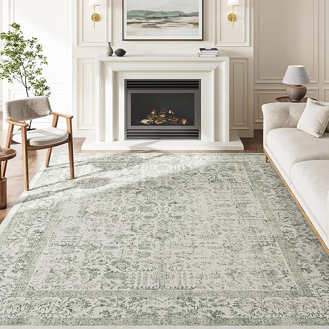 Sage Green Area Rug 5x8 Living Room Washable Carpet Vintage Distressed Non Slip Kitchen Carpet Neutral Low Pile Retro Floral Farmhouse Throw Rug for Home Office Bedroom Laundry Dining Room