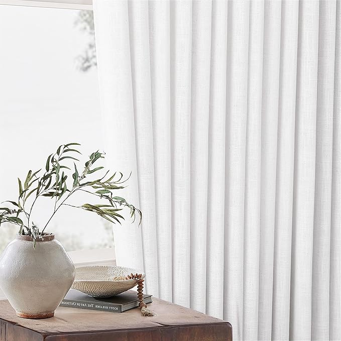 Extra Long Pinch Pleated Linen 120 Inch Curtains 2 Panels Set for Living Room Bedroom Farmhouse Snow White Cotton Linen Blend Back Tab Memory Shape Pinch Pleat Ceiling Floor Window Curtains 10 FT