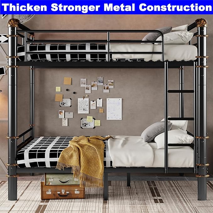 Upgraded Version Thickened Metal Heavy-Duty Queen Over Queen Bunk Bed, Best Convertible Industrial Queen Size Bunk Bed Frame with Ladder for Adults, Easy Assembly (Queen+Water Pipe)