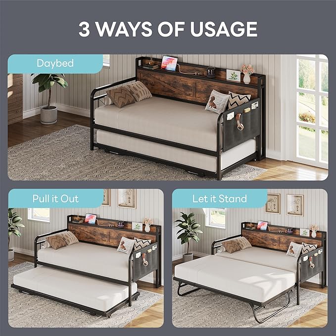 LIKIMIO Twin Daybed with Trundle Bed, Storage Headboard with Charging Station, Sofa Day Bed with Strong Supports for Living Room, Bedroom, and Guest Room, Industrial Brown