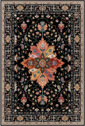 Area Rugs Square 10ft Washable Non-Slip, Floral Vintage Distress Print Pattern Medallion Carpet for Living Room Bedroom Dining Room, Black Colorful Floral Dark Tan