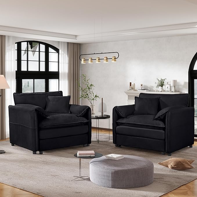 KEIKI Oversized Accent Chair Set of 2, Chenille Modern Comfy Deep Seat Large Upholstered Armchair with Side Pockets, Reading Single Sofa Chairs for Bedroom Living Room Apartment, Black