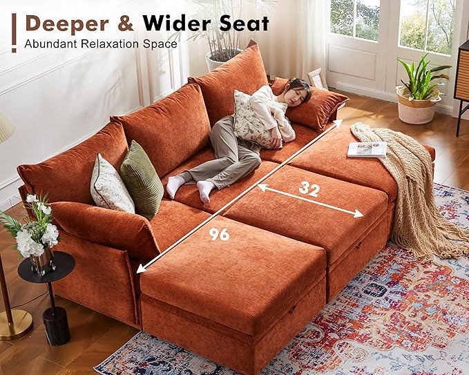ABCASA 102.6" Modular Sectional Sofa, L Shaped Couch Set for Living Room, 3-Seater Comfy Cloud Couches with Movable Storage Ottoman,DIY Combination - Chenille Terracotta Orange