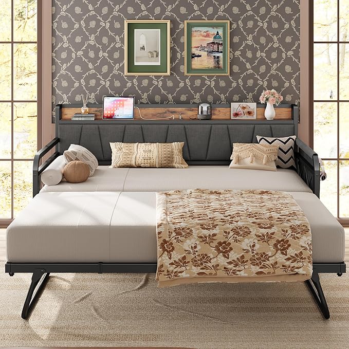 LIKIMIO Daybed with Trundle Bed, Twin XL Bed Frame with Storage Headboard and Charging Station, Sofa Day Bed with Strong Supports for Living Room, Bedroom, and Guest Room, Grey