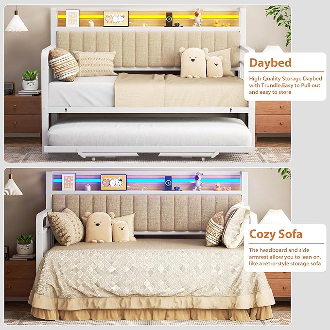 Daybed with Trundle and LED Light, Heavy Duty Metal Twin Bed Frame with Upholstered Storage Headboard & Charging Station, Day Bed Pop Up Trundle Bed Twin for Living Room,Bedroom and Guest Room, White