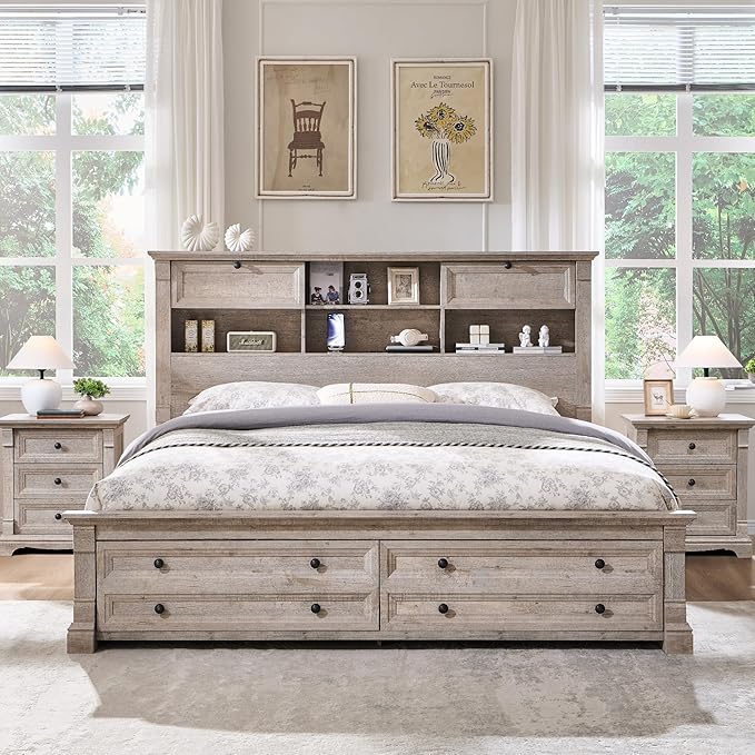 Farmhouse King Size Bed Frame with 54" Tall Storage Bookcase Headboard, 18" Roman Column Decoration Footboard,2 Drawer & 4 Storage Rack, Wood Platform Bed Frame, No Box Spring Needed(Light Rustic Oak)