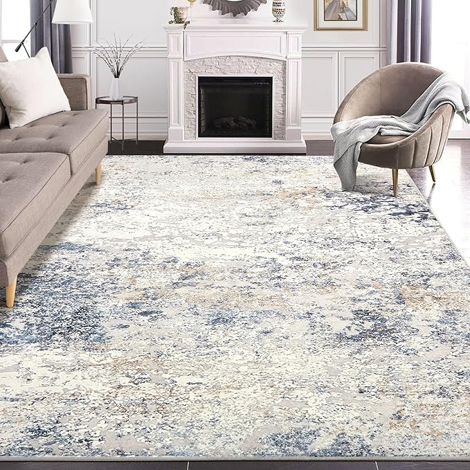 Area Rug Living Room Rugs - 6x9 Abstract Large Soft Indoor Washable Rug Neutral Modern Low Pile Carpet for Bedroom Dining Room Farmhouse Home Office - Beige Blue