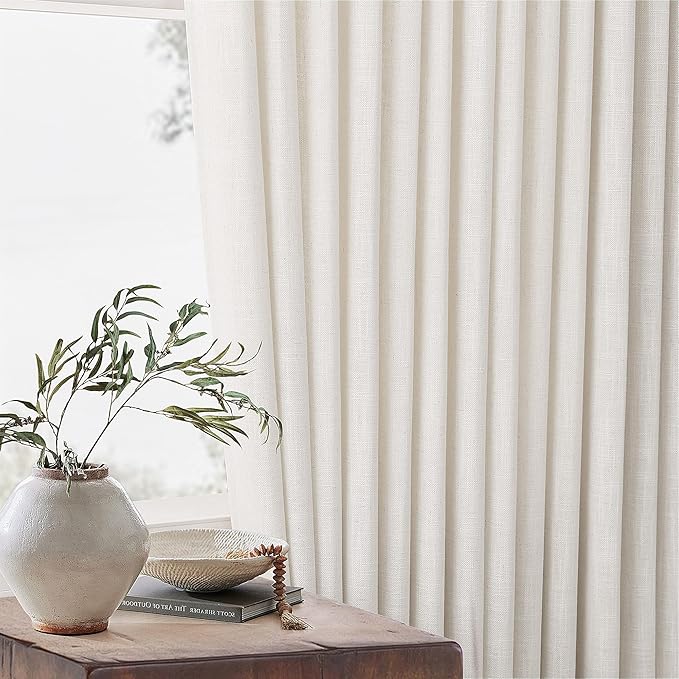 Cream Ivory Extra Wide Pinch Pleat Linen Curtains 84 Inches Long for Living Room Sliding Glass Door 70 Inch Wide Curtain Memory Trained Pleated Drape with Hooks Rings 70x84 Large Window Curtain