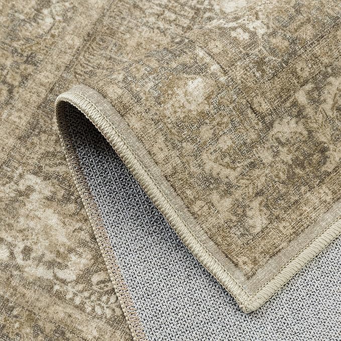Brown Area Rug 6x9 Machine Washable Vintage Living Room Distressed Non Slip Carpet Traditional Indoor Bedroom Retro Floral Accent Throw Large Rug for Office Kitchen Dining Room