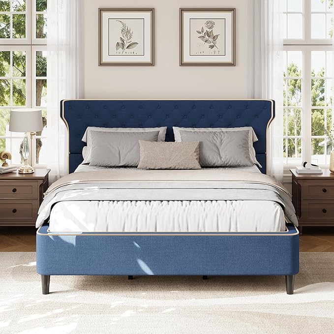 Christopher Knight Home Salus Linen Upholstered King Size Bed Frame with Headboard, Modern King Bed Frame and Headboard, Wooden Slats Support, Easy Assembly, No Box Spring Needed, Blue