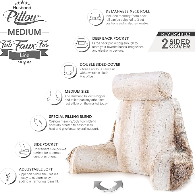 Husband Pillow Medium Rare Baby Coyote Fabulous Faux Fur Backrest, Two-Tone Reversible Double Sided Reading & Bed Rest Pillow with Arms & Neck Roll Adjustable Memory Foam - Sit Up Extremely Comfy