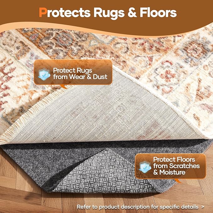 Veken Non Slip Cushioned Rug Pad Gripper 6 x 9 Ft, Felt and Silicone Backing, 1/8 inch Thick Carpet Liner for Hardwood Floors and Finishes, Under Area Rugs Anti Skid Mat, Keep Rugs Safe and in Place