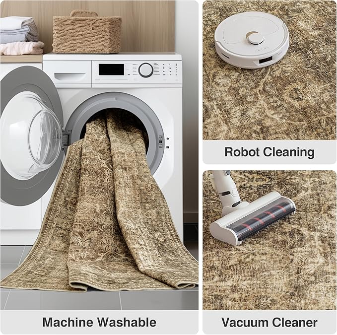 Fmfunctex 2x5 Washable Runner Rug Brown Vintage Neutral Distressed Non Slip Low Pile Indoor Carpet Soft Retro Floral Hallway Entryway Rug for Kitchen Living Room Bedroom Bathroom Laundry Entry Bedside