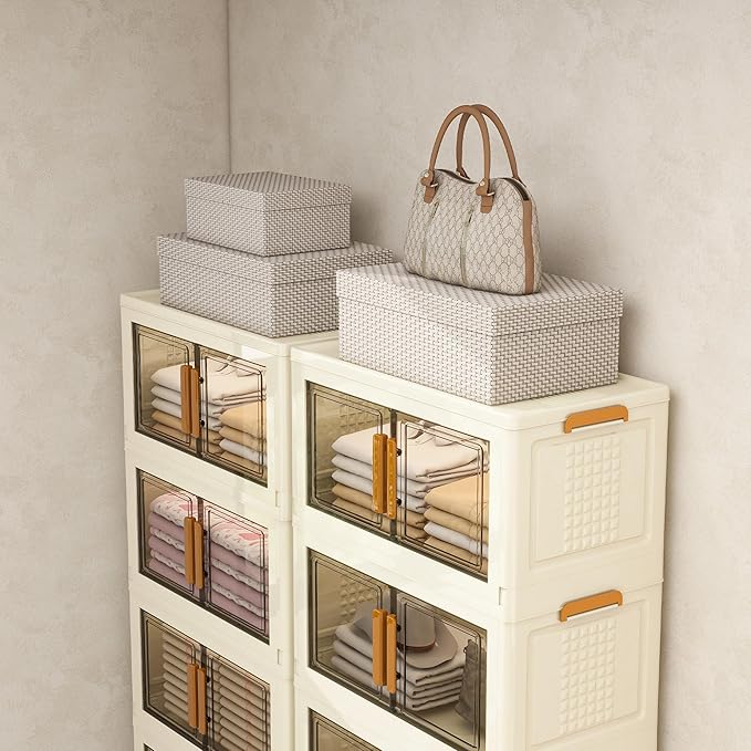 Plastic Stackable Storage Bins with Lids and Wheels, 180QT-45QT*4Tier Foldable Closet Organizers and Containers, Collapsible Clear Drawer Storage Cabinet with Doors Ivory White