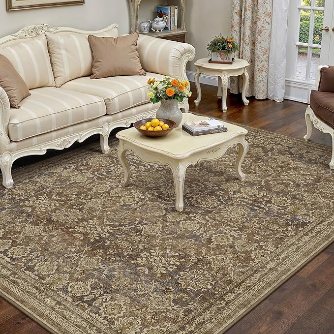 5x7 Vintage Area Rug Brown Washable Living Room Large Non Slip Carpet Bedroom Indoor Office Low Pile Traditional Distressed Retro Floral Accent Rug for Dining Room Bathroom Kitchen