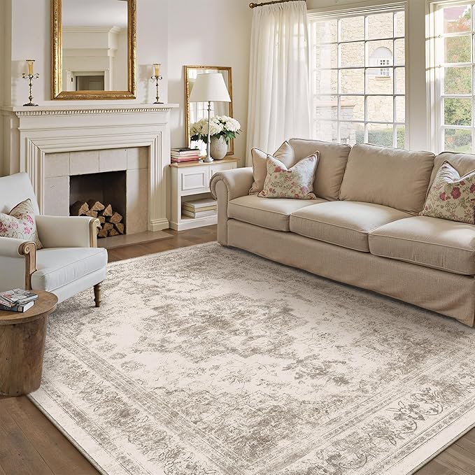 Area Rug 8x10 Beige Washable Living Room Carpet Non Slip Vintage Medallion Indoor Bedroom Carpet Low Pile Soft Retro Distressed Large Rug Home Office Dining Room Playroom