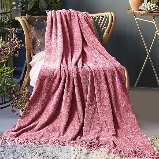 Chenille Throw Blanket for Couch 60"X 80" Twin, Soft Cozy Throws with Fringe Tassel for Bed Sofa Chair Cover, Lightweight Knitted Decorative Boho Blankets for Living Room, Rose Pink