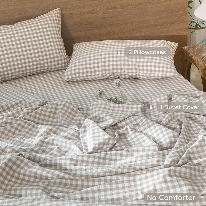 MooMee Gingham Duvet Cover Set 100% Washed Cotton Linen Like Textured Breathable Durable Soft Comfy Modern Checkered Design (Tannish Linen Grey Gingham, Full 80"x90")