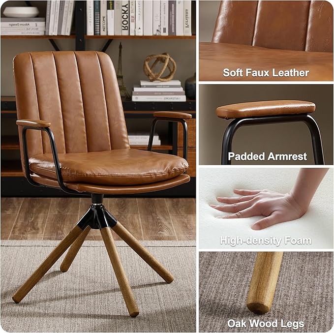 Art Leon Desk Chair No Wheels, Set of 2, Mid Century Modern Swivel Chair with Oak Wood Legs, Faux Leather Home Office Desk Chairs for Bedroom Living Room, Yellow Brown