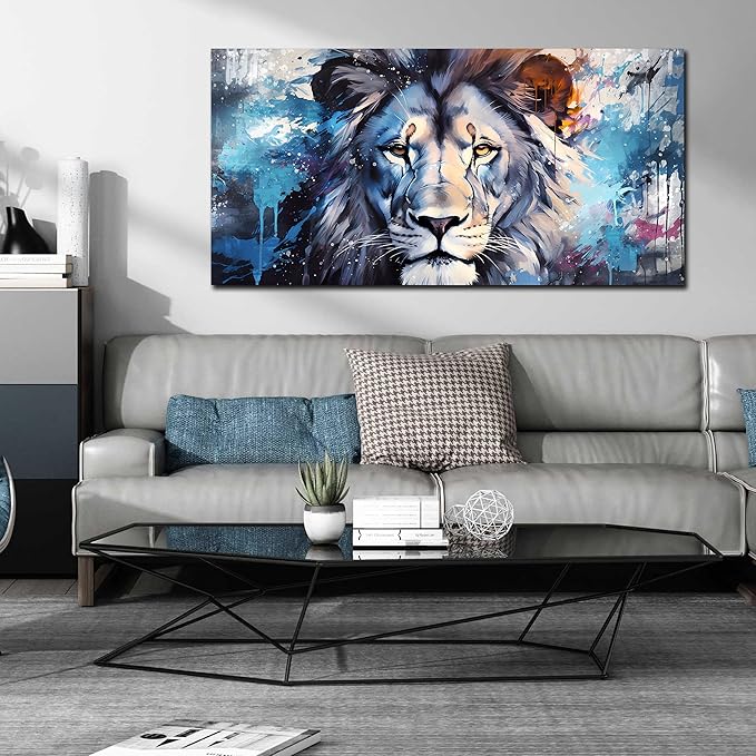 ENTANUB Large Wall Art for Living Room, Lion Canvas Print Painting for Bedroom, Blue Animal Picture Decor, Size 60x30 Inches