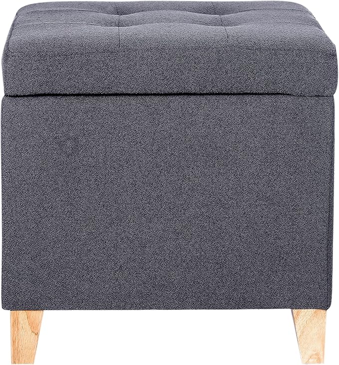 Adeco Fabric Storage Ottoman Bench with Solid Wood Legs, 17.7" Square Dark Grey Cotton Linen Cube Foot Stool, Upholstered Button Tufted Vanity Chair with Hinged Lid for Living Room, Bedroom, Dorm