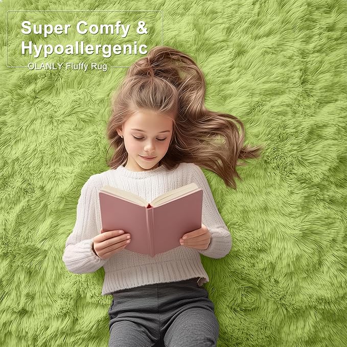 OLANLY 2x8 Machine Washable Runner Rugs for Hallway, Soft Fluffy Shaggy Bedside Rugs for Bedroom, Living Room, Indoor Floor Carpet for Kids Girls Boy, Nursery Rooms, Home Decor Aesthetic, Grass Green