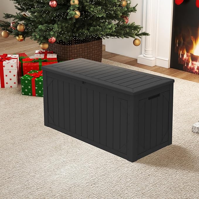 100 Gallon Outdoor Storage Box Waterproof, Lockable Resin Deck Box Patio Storage Bin for Pool Accessories Cushion Furniture, Garden Tools, UV-Resistant Outside Delivery, Black