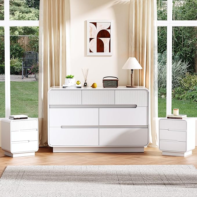 7 Drawer Dresser and 2 Nightstand Sets for Bedroom 3 Pcs Bedroom Set, Modern 47.2" Fluted Dresser with Invisible Handles Nightstand Charging Station, Bedroom Furniture Set for Living Room, White