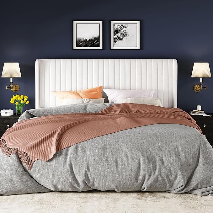 Allewie King Size Velvet Bed Frame/Vertical Channel Tufted Wingback Headboard/Upholstered Platform Bed/No Box Spring Needed/Strong Wooden Slats/Easy Assembly/White