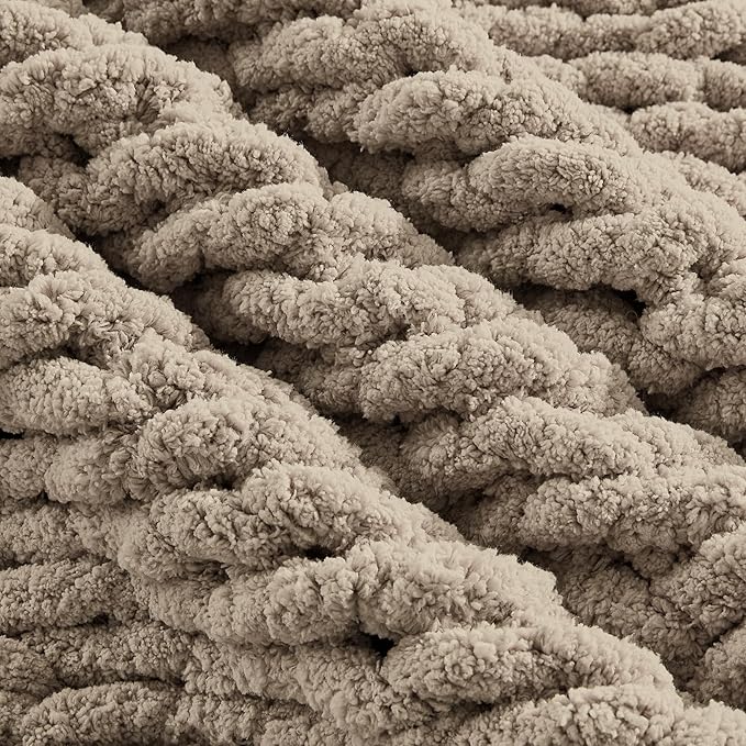 Carriediosa Chunky Knit Throw Blanket 50" X 60", 100% Hand Made Large Chenille Loop Yarn Soft Fluffy Throws for Couch Sofa Bed, Big Crochet Cozy Heavy Thick Cable Woven Blankets, Taupe