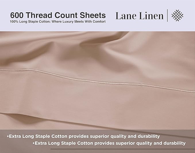 LANE LINEN Queen Sheet Sets – Natural 100% Cotton 600 Thread Count Cooling Sheets Queen, Soft Comfort for Restful Sleep, Easy Care & Machine Washable for Everyday Use, 15" Deep Pocket – Sepia Rose