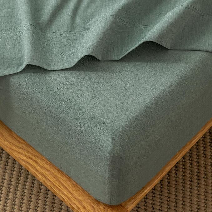 MooMee Fitted Bottom Sheet Only 100% Washed Cotton Linen Like Textured Breathable Durable Soft Comfy Deep Pocket Fits Mattress up to 17" (Heathered Green, King)