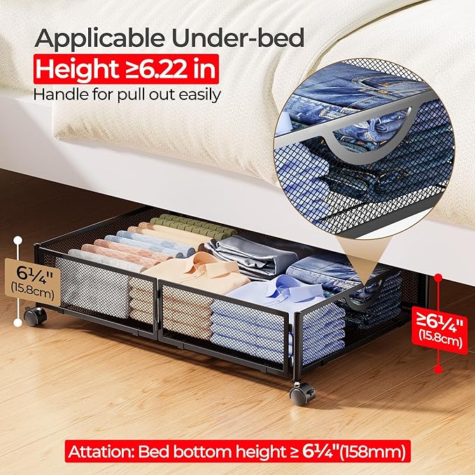 Yecaye Under Bed Storage with Wheels, 4 Pack Under Bed Shoe Storage Organizer Drawer, Tool-free Assembly Metal Underbed Storage Containers for Clothes, Shoes, Black