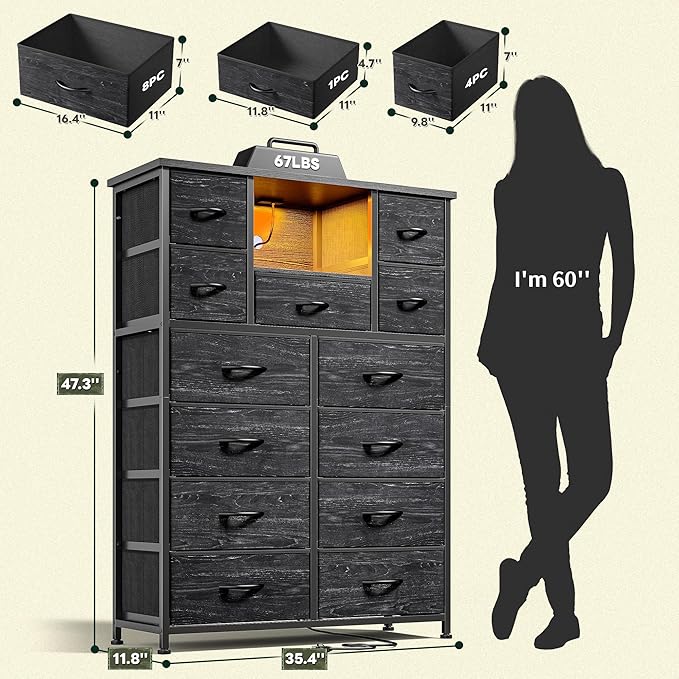 Dresser for Bedroom with 13 Fabric Drawers, Black Dresser with LED & 4 Charging Ports, 47''H Chest of Drawers with Open Storage Shelves for Hallway, Entryway