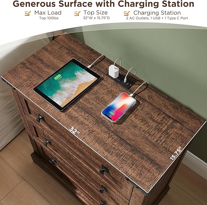 T4TREAM 32" Farmhouse Nightstand with Charging Station, Large End Table with 3 Storage Drawers, Rustic Wood Bedside Table for Bedroom, Living Room, Reclaimed Barnwood Color