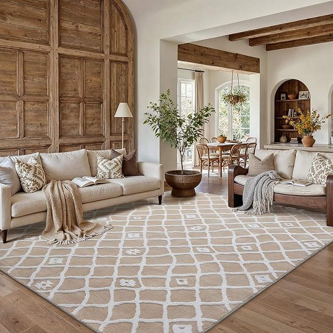 Beige 5x7 Area Rug Moroccan Shag Living Room Washable Carpet Soft Non Shedding Neutral Boho Plush Pile Modern Large Throw Rug for Kitchen Dining Room Bedroom Office