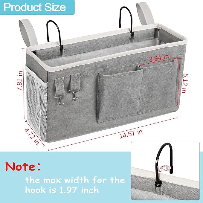 Loghot Bedside Caddy/Bedside Storage Bag Hanging Organizer for Bunk and Hospital Beds,Dorm Rooms Bed Rails,Can be Placed Glasses,Books,Mobile Phones,Keys (Grey)