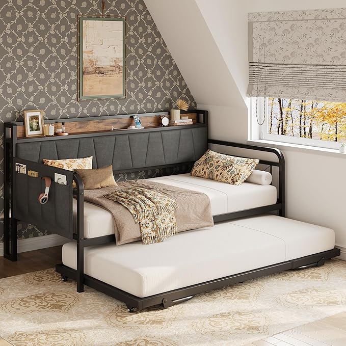 LIKIMIO Daybed with Trundle Bed, Twin XL Bed Frame with Storage Headboard and Charging Station, Sofa Day Bed with Strong Supports for Living Room, Bedroom, and Guest Room, Grey
