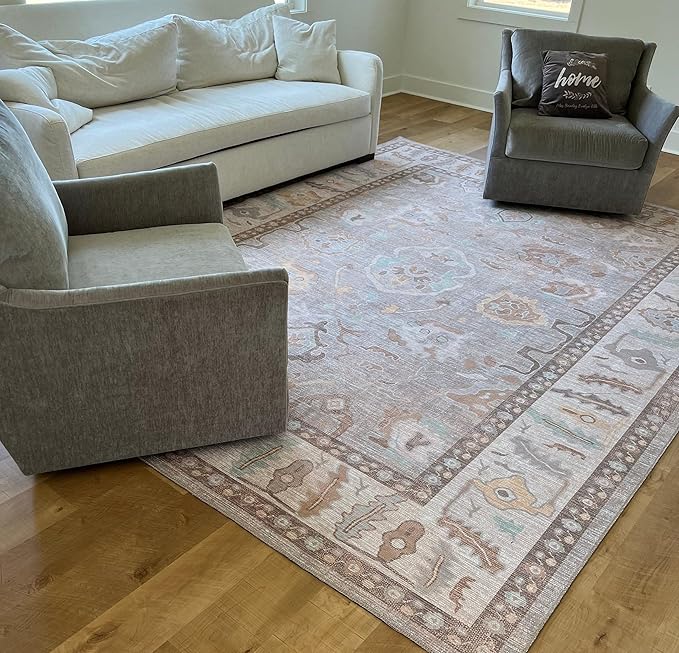 Fame Rugs Brown Modern Oushak Rug 6x9, Vintage Turkish Colorful Oriental Antique Inspired Washable Large Area Rugs, Luxury Living Room Bedroom (382MB, 6' x 9')