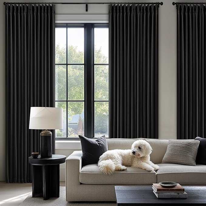 Black 96 Inch Blackout Pinch Pleated Curtains 2 Panel Set for Living Room Darkening Thick Linen Textured 100% Black Out Drapes 96 Inches Long Pinch Pleat Back Tab Light Blocking Bedroom Curtains