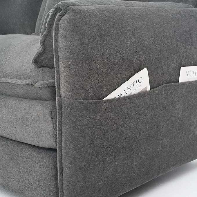 KEIKI Set of 2 Oversized Accent Chairs, Comfy Chenille Upholstered Armchairs with Side Storage Pockets, Deep Seat Reading Chairs for Living Room, Bedroom, or Apartment, Gray