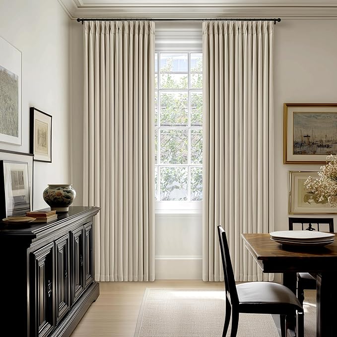 94 Inch Long Blackout Curtains Thick Linen Pinch Pleated Curtains 2 Panels for Bedroom Living Room Darkening Light Blocking Energy Save Pinch Pleat Back Tab 94 Inch Window Drapes Cream Beige Oatmeal