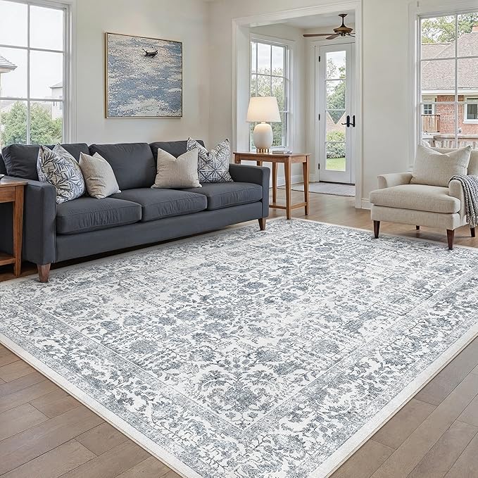Navy Blue Area Rug 5x8 Machine Washable Vintage Living Room Distressed Non Slip Carpet Traditional Indoor Bedroom Retro Floral Accent Throw Large Rug for Office Kitchen Bathroom Dining Room