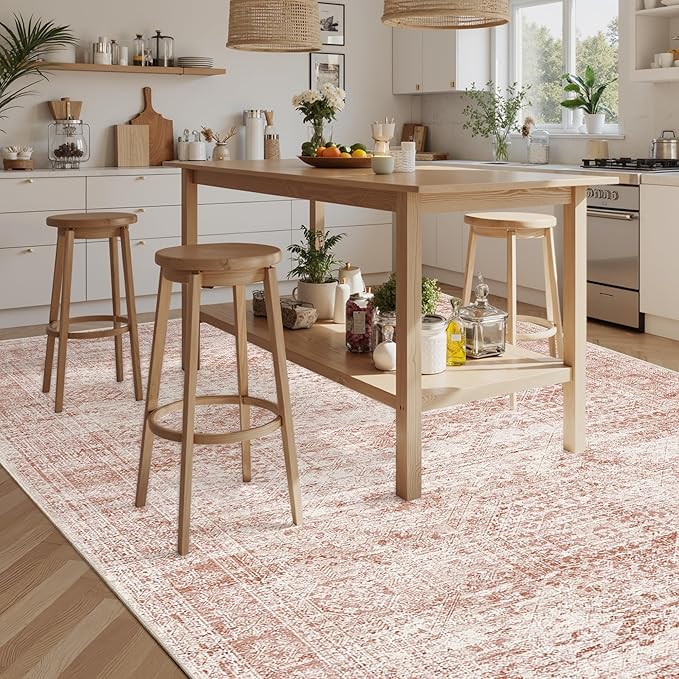Washable Area Rug 8x10, Large Soft Rugs for Living Room Vintage Area Rugs for Bedroom Dining Room Non-Slip Stain Resistant Pink Under Table Rug