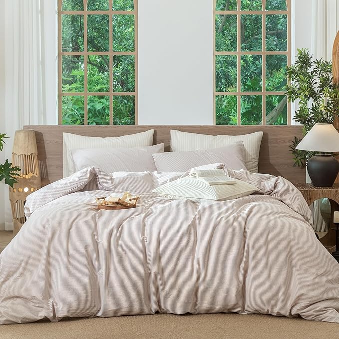 MooMee Striped Duvet Cover Set 100% Washed Cotton Linen Like Textured Breathable Durable Soft Comfy (Orange Pinstripes, Super Queen 90"x98")
