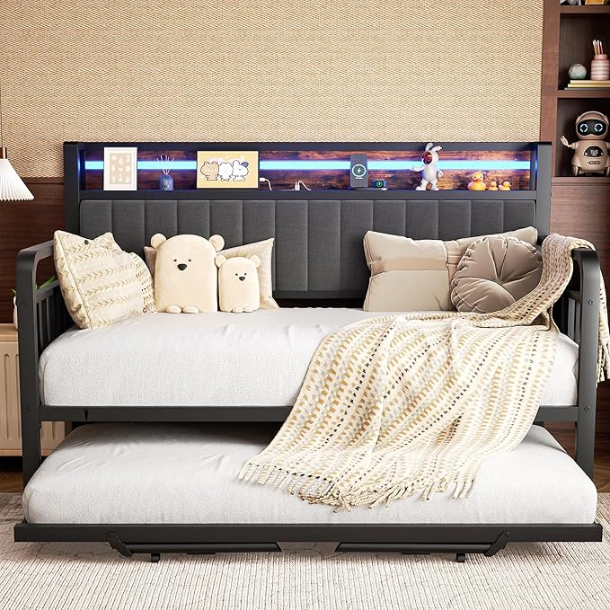 Daybed with Trundle and LED Light, Heavy Duty Metal Twin Bed Frame with Upholstered Storage Headboard & Charging Station, Day Bed Pop Up Trundle Bed Twin for Living Room,Bedroom and Guest Room, Brown