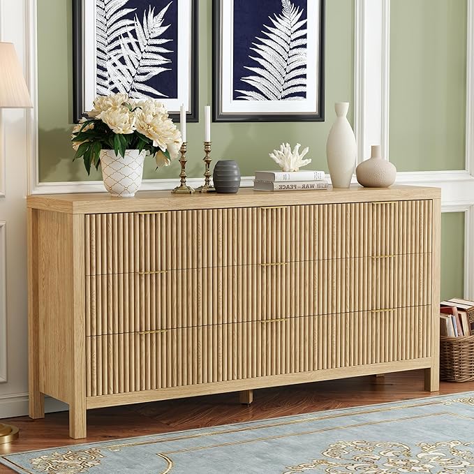 ZXSHD 9 Drawers, Modern Large Chest Mid Century Modern Dresser TV Stand, Storage Organizer Dresser with Solid Natural Wood Legs for Bedroom, Living Room, Hallway, Natural Oak