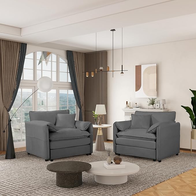 KEIKI Set of 2 Oversized Accent Chairs, Comfy Chenille Upholstered Armchairs with Side Storage Pockets, Deep Seat Reading Chairs for Living Room, Bedroom, or Apartment, Gray